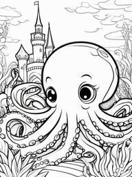 Octopus Coloring Pages - Octopus with an underwater castle behind  simple coloring pages