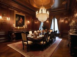 The dining room embodies Italian Renaissance interior design with an ornate wooden table, beautifully carved chairs, and opulent chandeliers that create an elegant setting for formal dining.  