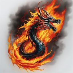 dragon on fire tattoo  simple color tattoo,white background