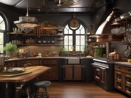 Steampunk kitchen features vintage furniture, industrial accents, and creative decor that create a unique and imaginative cooking space.  