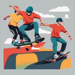 Skateboarding Park Trick Clipart - Skateboarders executing impressive tricks in a skatepark competition.  color vector clipart, minimal style