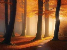 Thanksgiving Wallpaper-A peaceful autumn forest, with soft sunlight filtering through the trees, creating a serene Thanksgiving atmosphere.  aesthetic background wallpaper