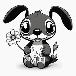 drawing of Stitch holding a flower  minimal rough sketch scribbles,doodles,black and white