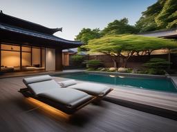 The pool area embraces Japanese Zen interior design with simple loungers, natural decor, and a tranquil ambiance that create a refreshing atmosphere for summer enjoyment.  