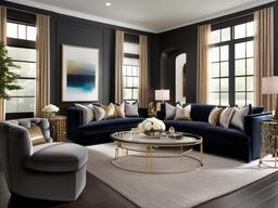 Luxury Glam living room offers stylish, accessible furnishings, plush fabrics, and decorative accents that provide an upscale yet comfortable feel.  