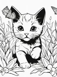 Kitty Playing with a Butterfly Coloring Pages - Kitten Chasing a Delicate Butterfly  minimal black outline printable sheet, coloring page