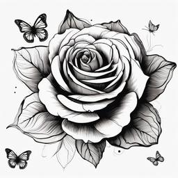 drawing of a rose with butterflies around it  minimal rough sketch scribbles,doodles,black and white