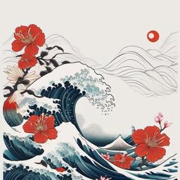 japanese wave and flower tattoo  simple color tattoo,white background,minimal