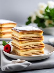 layers of delicate puff pastry and sweet vanilla custard in a mille-feuille pastry. 