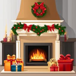 Presents with bows under a fireplace clipart.  vector style illustration, white background