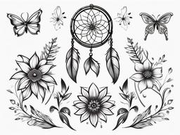 Dreamcatcher with Flowers Tattoo - Dreamcatcher tattoo combined with floral elements.  simple vector tattoo,minimalist,white background