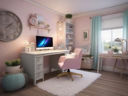 Shabby Chic gamer room features a comfortable desk, pastel colors, and vintage accents, offering a cozy and stylish environment for gaming.  