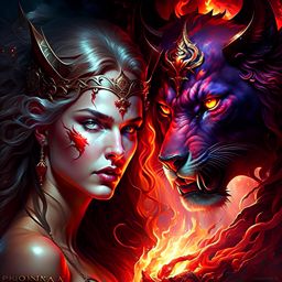 persephone vs the chimera - a determined goddess takes on the fearsome chimera in the realm of the underworld, conjuring divine fire. 