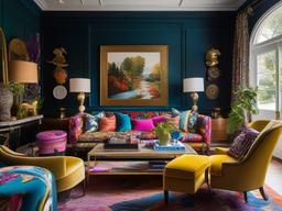 Maximalist living room showcases an abundance of colors, patterns, and textures that come together to create a lively and dynamic environment.  