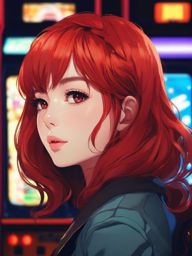 Front facing face, girl with red hair, small eyes in a hidden arcade with retro games.  close shot of face, face front facing, profile picture pfp, anime style