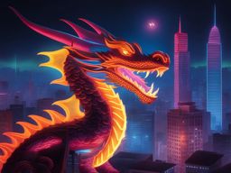 neon dragon illuminating a futuristic cityscape, its neon-bright scales casting a vibrant glow in the urban night. 