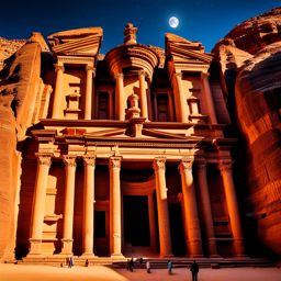 petra, jordan - capture the ancient wonder of petra, with its intricate rock-cut architecture and narrow siq under the moonlight. 