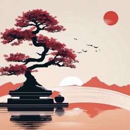 Bonsai Clipart - Miniature bonsai tree in a tranquil Japanese garden.  color clipart, minimalist, vector art, 