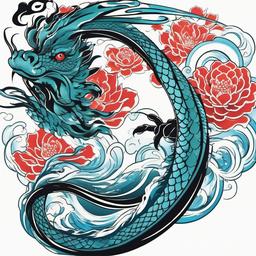 Japanese Water Dragon Tattoo - Tattoo featuring a dragon with water-themed elements in Japanese style.  simple color tattoo,minimalist,white background