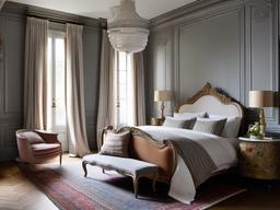 Parisian-style bedroom with Anthropologie vintage carved bed, Pierre Frey drapery, and Benjamin Moore soft grey walls with ornate moldings.  