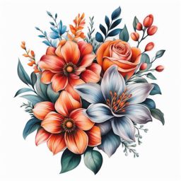 Bouquet flower tattoo, Elegant tattoos that showcase a bouquet of flowers.  vivid colors, white background, tattoo design