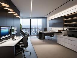 The home office exemplifies High Tech interior design, featuring an ergonomic desk, integrated tech solutions, and a streamlined aesthetic that promotes productivity in a high-tech environment.  