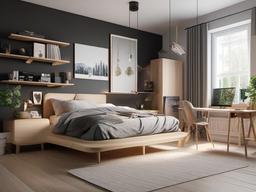 Scandinavian gamer room blends light wood furniture, simple lines, and cozy textiles, offering a bright and inviting atmosphere for both gaming and relaxation.  