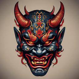 Oni Hannya Mask Tattoo-Bold and artistic tattoo featuring an Oni combined with a Hannya mask, capturing traditional and supernatural aesthetics.  simple color vector tattoo