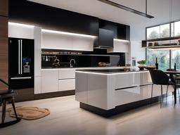 In the kitchen, futuristic interior design includes smart appliances, clean lines, and high-gloss finishes that create a sleek and efficient cooking environment for modern living.  