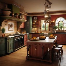Old World European Culinary Elegance - Add the charm of old-world European aesthetics. , kitchen layout design ideas, multicoloured, photo realistic, hyper detail, high resolution,