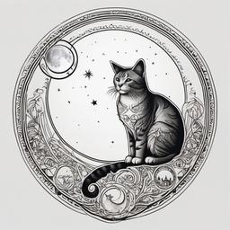 Cat and Moon Tattoo Designs - Tattoo featuring a cat with various moon-themed designs.  minimal color tattoo, white background