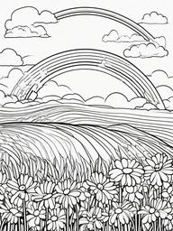 Rainbow Coloring Page - Rainbow over a field of daisies.  easy,simple,minimal,coloring pages,black and white outline