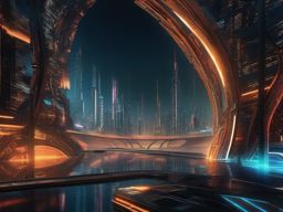 2 Screen Wallpaper - Twin-Screen Portal to a Futuristic Dystopian Cityscape  intricate patterns, splash art, wallpaper art