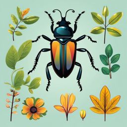 Beetle Exploring Nature Clip Art - Shiny beetle exploring the wonders of nature,  color vector clipart, minimal style