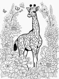 Giraffe Coloring Pages - Giraffe surrounded by vibrant flowers  simple coloring pages