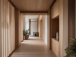 The hallway showcases Japandi interior design through clean lines, natural materials, and subtle decor, creating a serene passage that reflects tranquility and simplicity.  