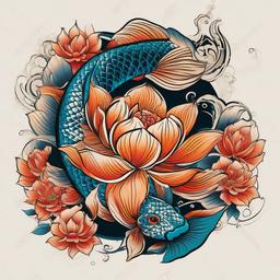Koi Lotus Tattoo-Intricate and symbolic tattoo featuring Koi fish and lotus flowers, symbolizing perseverance and purity.  simple color vector tattoo