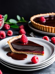 slice of decadent raspberry chocolate tart, with layers of chocolate ganache and raspberry coulis. 