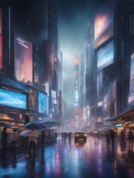 futuristic city skyline on a bustling, rainy night with holographic advertisements. 
