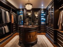 In the walk-in closet, steampunk interior design includes vintage dressers, eclectic decor, and warm lighting that create a stylish and organized dressing area.  