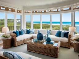 Coastal living room transports you to the seaside with its plush white sofas, handcrafted rattan accents, and expansive windows that showcase breathtaking ocean views.  