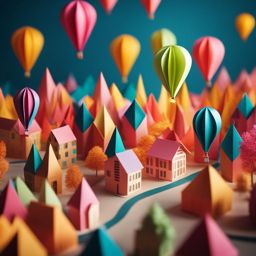 distant view of a bustling town with floating balloons bright cheery colors, Origami paper folds papercraft, made of paper, stationery, 8K resolution 64 megapixels, small details 