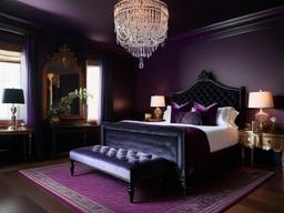 Victorian Gothic bedroom with custom Restoration Hardware dark wood bed, Farrow & Ball deep purple wallpaper, and Waterford Crystal chandeliers.  