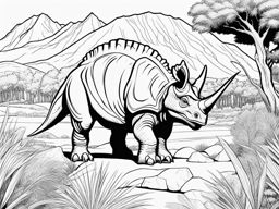 dinosaur coloring pages - a mighty triceratops roams through a prehistoric landscape. 