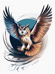 Owl tattoo transcending earthly bounds in flight.  color tattoo style, minimalist design, white background