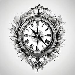 Old Fashioned Clock and Compass Tattoo - Tattoo featuring both an old-fashioned clock and compass.  simple vector tattoo,minimalist,white background