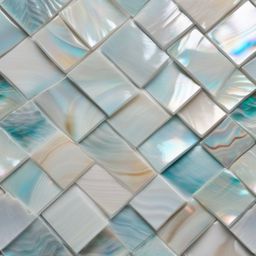 Seashell-inspired porcelain tiles with a mother-of-pearl iridescence top view, product photoshoot realistic background, hyper detail, high resolution