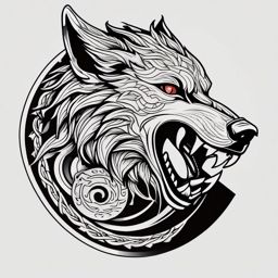 Fenrir Tattoo,Fenrir, monstrous wolf from Norse mythology, bound in ink, symbolizing inevitable and unstoppable forces. , color tattoo design, white clean background