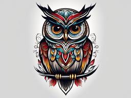 Neo Trad Owl Tattoo - Infuse traditional and contemporary styles with a neo-traditional owl tattoo.  simple color tattoo,vector style,white background