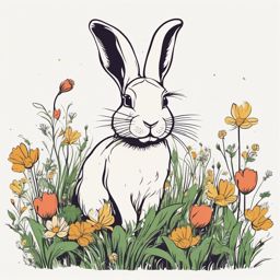 rabbit hopping in meadow of flowers clipart color minimal vector art